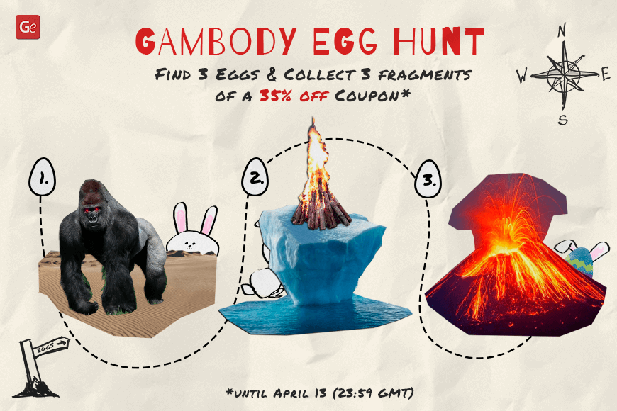Gambody promo: Find 3 eggs for a 35% coupon. Features gorilla, iceberg, volcano. Ends April 13.