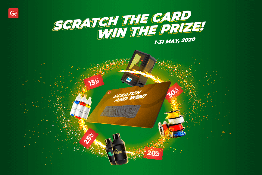 Green banner with 'Scratch & Win' promo, featuring discounts on 3D printing supplies and equipment.