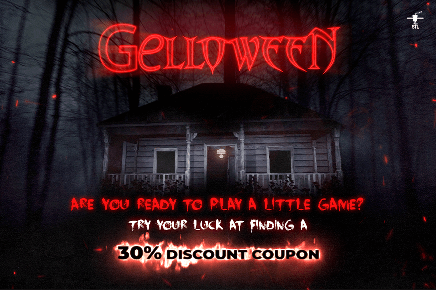 Creepy cabin in dark woods, Gelloween 2020 promo, find a 30% discount coupon for 3D models.