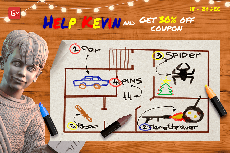 A festive banner showing Kevin's Christmas Quest map with sketches and items to collect for a discount.