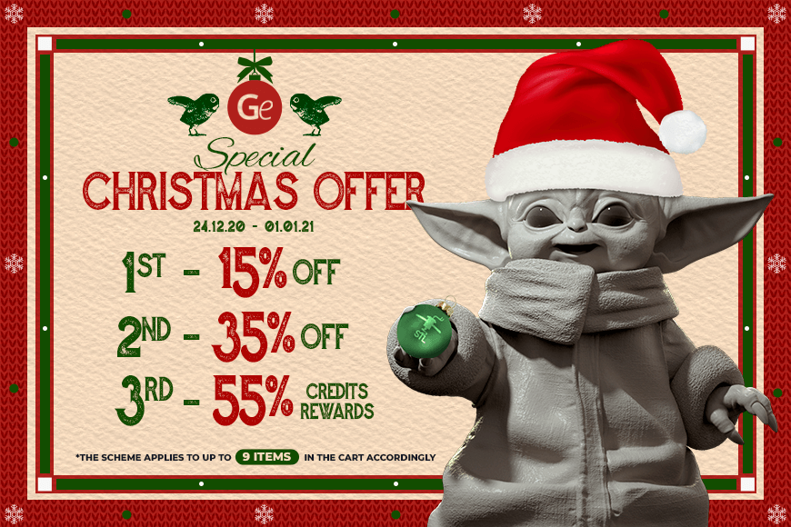 Christmas offer: Discounts on 3D models, with up to 55% credits. Features a festive character in a Santa hat.