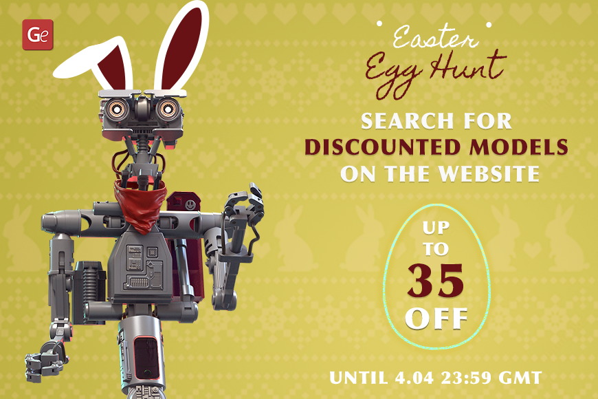 Robot with bunny ears promoting Gambody's Easter Egg Hunt 2021, offering up to 35% off 3D models.
