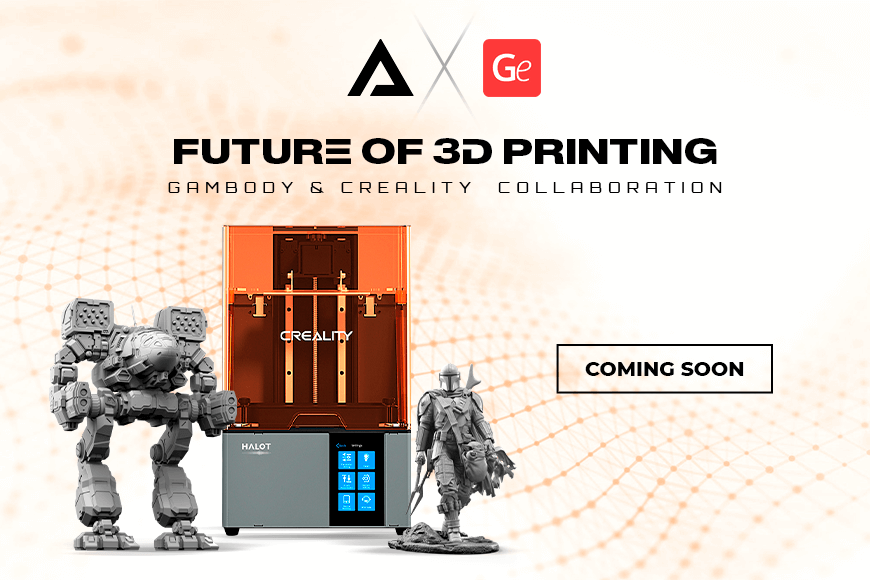 Gambody & Creality team up: Future of 3D Printing campaign with models and printer, coming soon.
