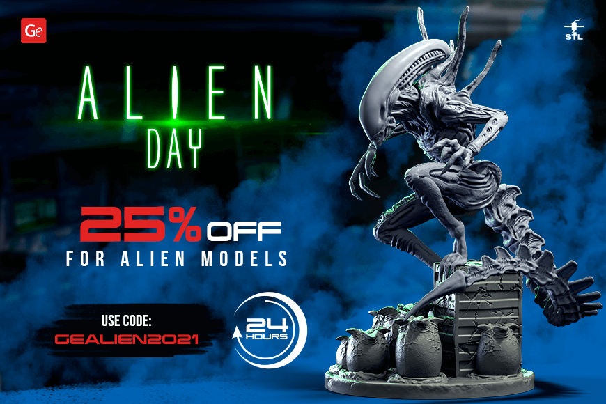 Alien Day 2021 banner: 25% off 3D alien models, promo code GEALIEN2021, 24-hour offer.