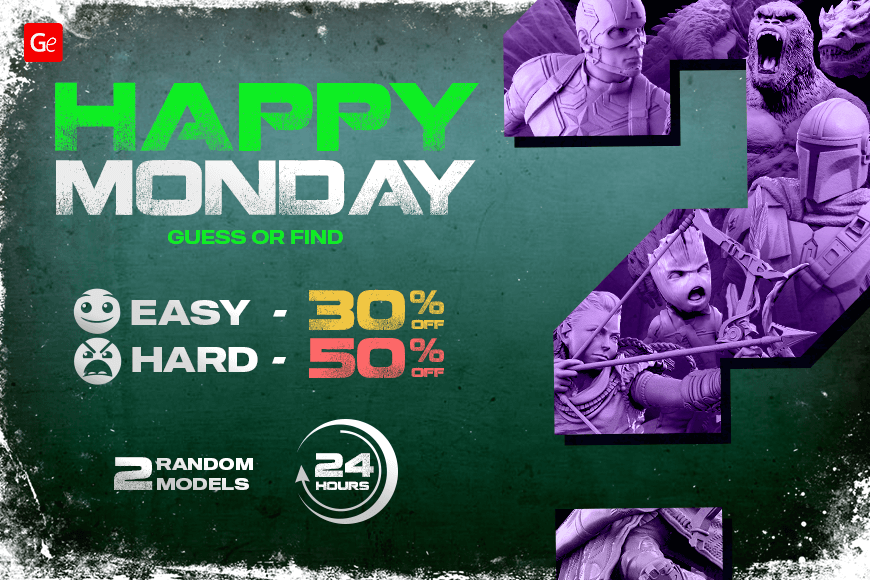 Happy Monday Update promo: Easy 30% off, Hard 50% off on 3D models for 24 hours. Find or guess models.