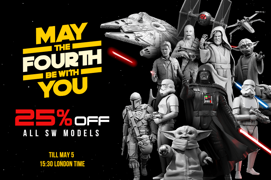 'May the 4th Be With You' promo: 25% off SW 3D models, various characters, ends May 5, 15:30 London time.