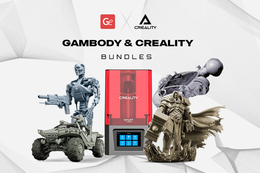 3D models and Creality printer bundle promo with sci-fi and fantasy characters from Gambody.