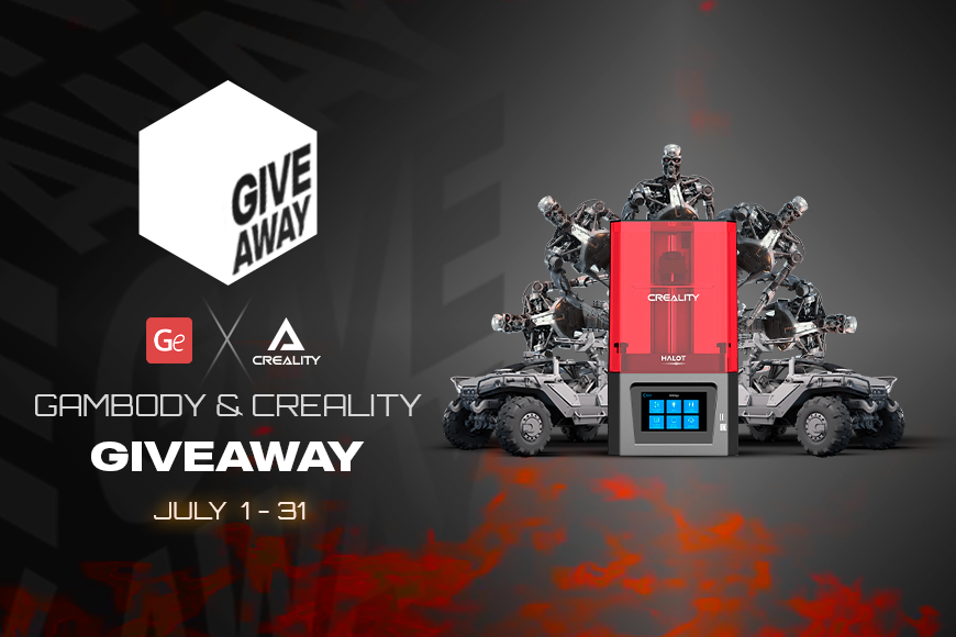 'Gambody & Creality Giveaway: Win a 3D Printer! July 1-31. Robots and vehicles surround the printer.'