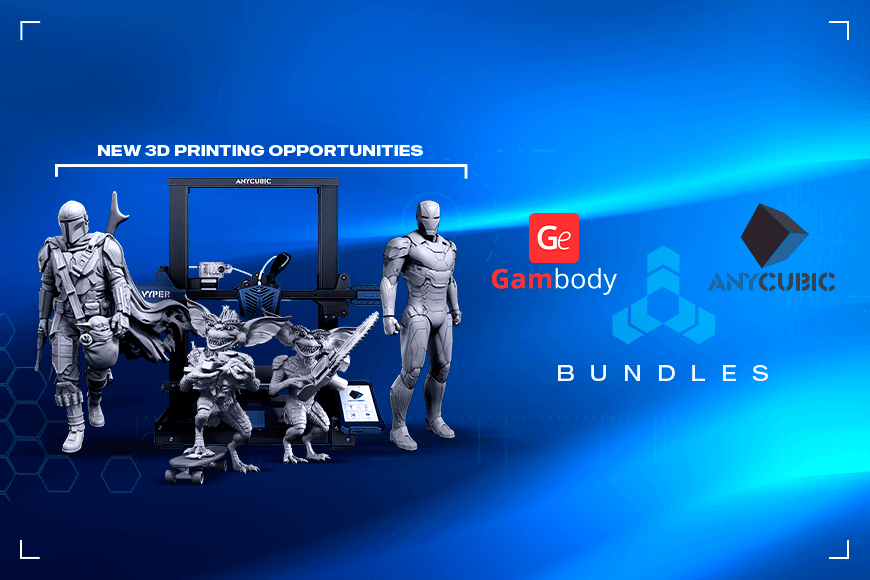 3D printing promo: Gambody & Anycubic collaboration featuring models from games and movies.