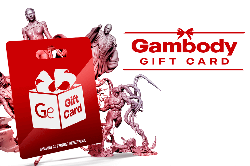 Red Gambody Gift Card with 3D character models from games and movies, promoting discounts on 3D printing files.