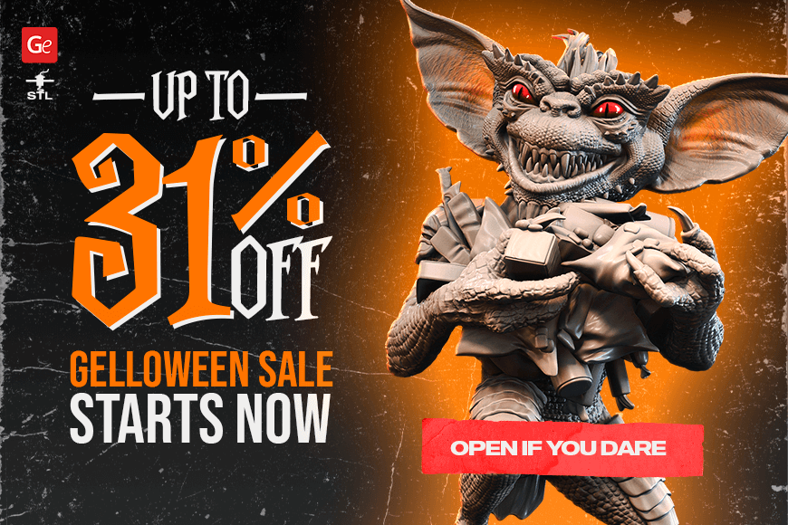 Creature holding a gift with 'Up to 31% Off Gelloween Sale' message. Bold orange text highlights discount.