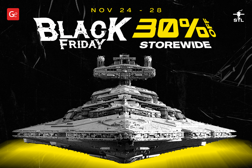 Black Friday 2021: 30% off storewide on 3D models, featuring a detailed spaceship design.