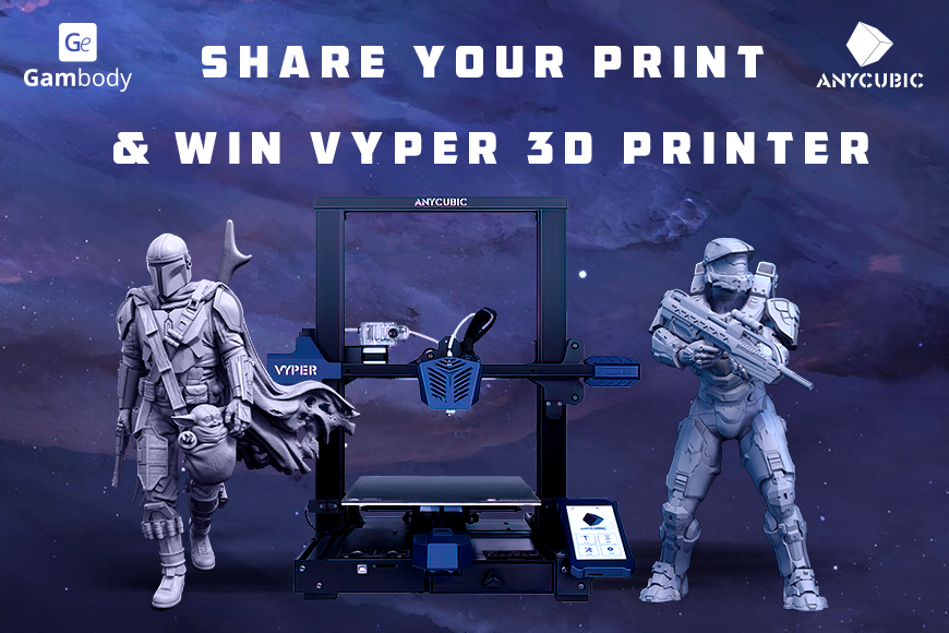 Sci-fi characters flank Anycubic Vyper 3D printer; text promotes contest: 'Share Your Print & Win Vyper 3D Printer.'