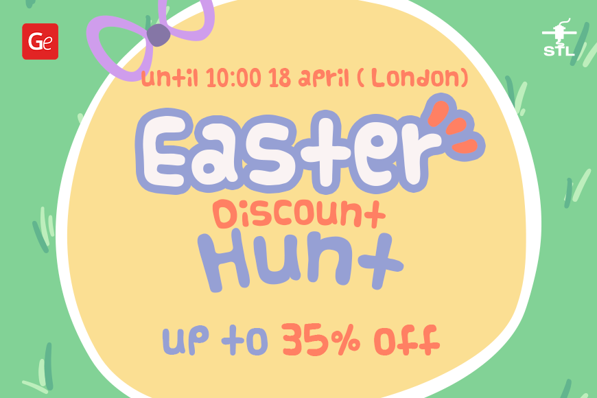 'Easter Discount Hunt 2022: Up to 35% off 3D models until April 18. Cute pastel design with bow.'
