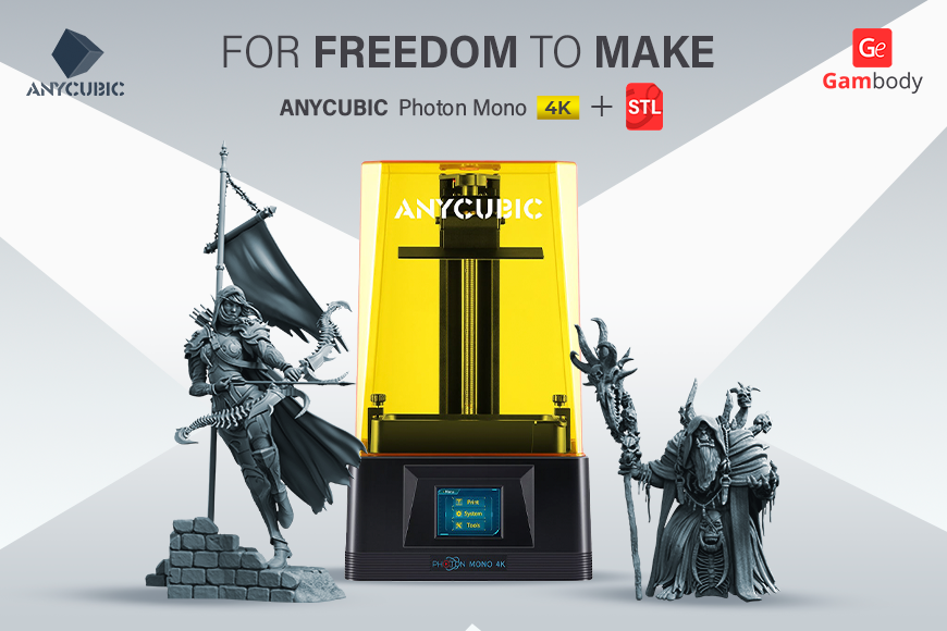 3D printer with fantasy figure models, promoting Anycubic Photon Mono 4K bundle with Gambody.