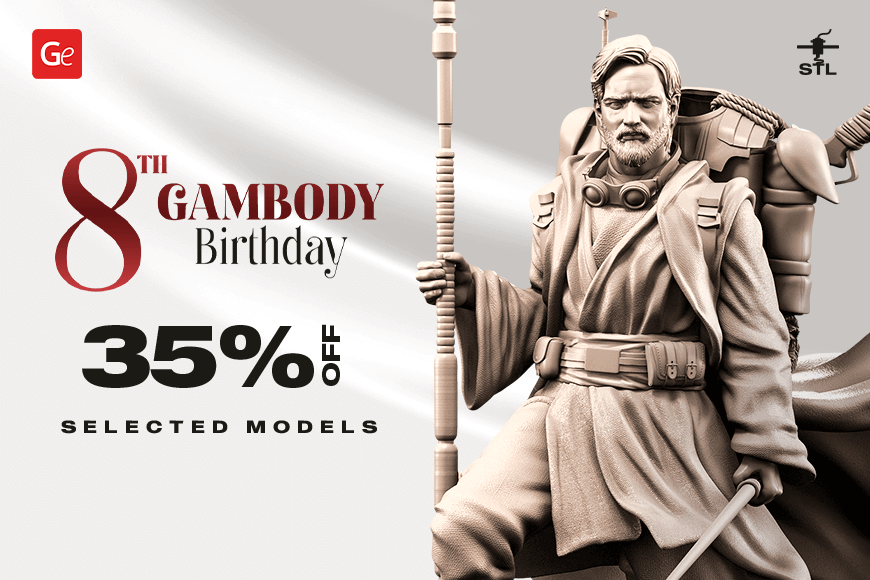 Banner for Gambody's 8th Birthday: 35% off select 3D models showcasing a detailed robed character.