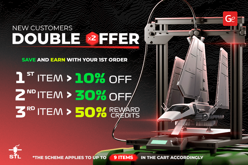 3D printer with spaceship model, highlighting discounts: 1st item 10% off, 2nd 30% off, 3rd earns credits.