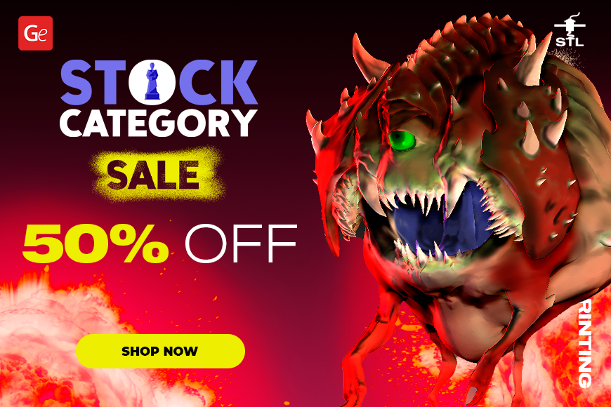 3D model stock sale banner featuring a fierce creature, offering 50% off. Bold colors and 'Shop Now' button.