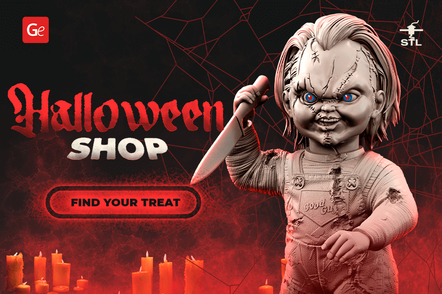 Creepy doll with a knife on a Halloween-themed promo banner for 3D model discounts.