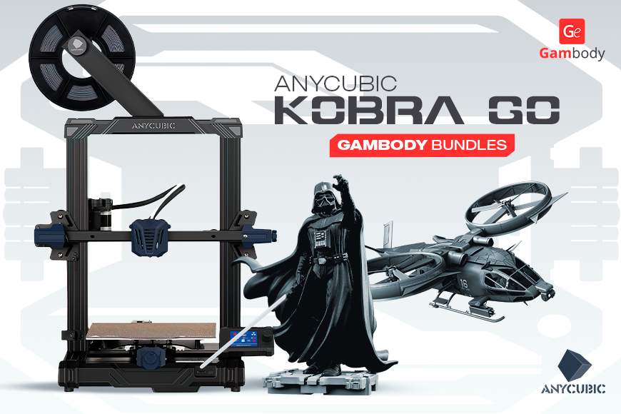 Anycubic Kobra Go 3D printer with Gambody bundles, featuring a sci-fi figure and helicopter model.