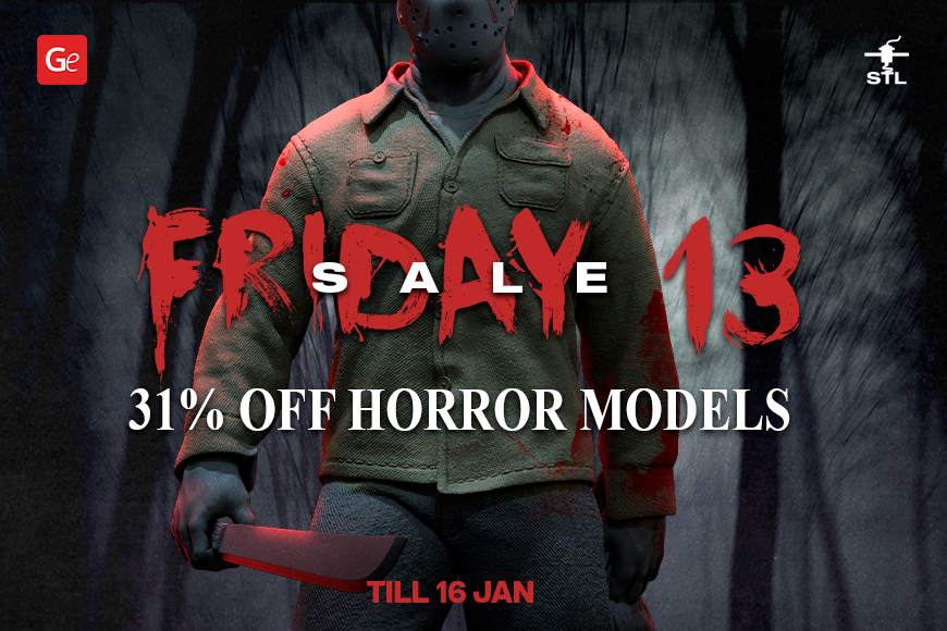 Gambody Friday 13 Sale: 31% off horror 3D models. Valid till January 16. Eerie forest background.