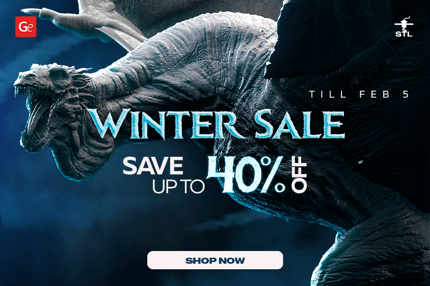 Winter Sale banner with a dragon, offering up to 40% off on 3D models, valid till Feb 5. Shop now.