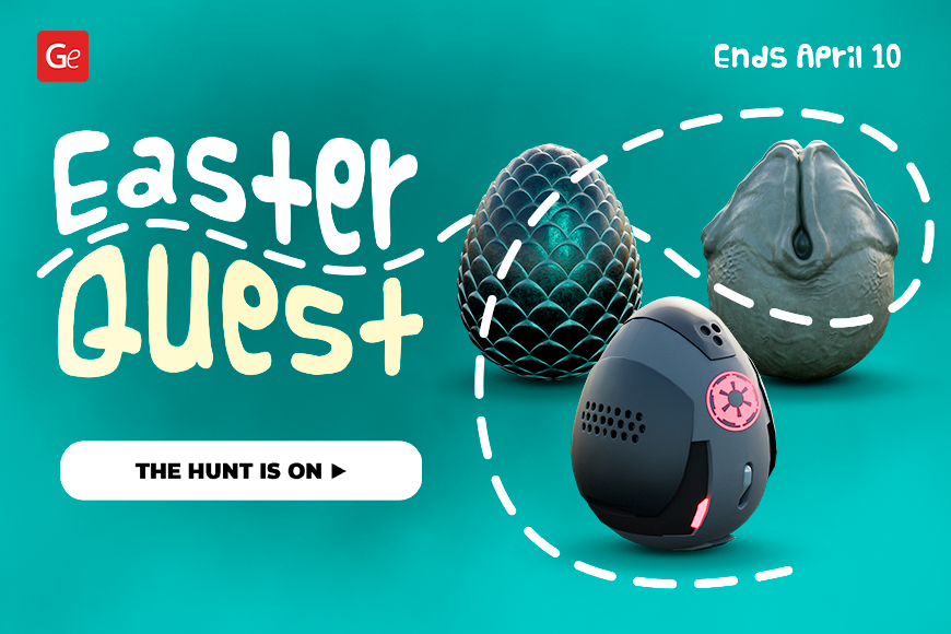 Easter Quest promo: three themed eggs on teal background. 'The Hunt is On' message; ends April 10.