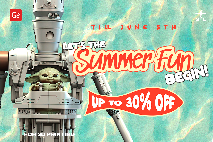 3D printing sale banner with robot and green alien. 'Summer Fun' up to 30% off till June 5th.