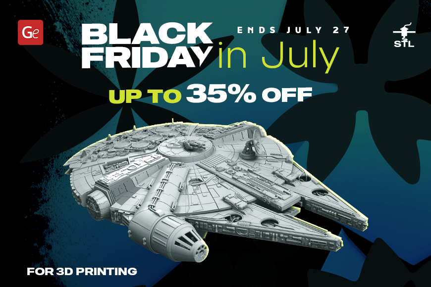 'Black Friday in July: Up to 35% off 3D printing models. Ends July 27. Spaceship model featured.'