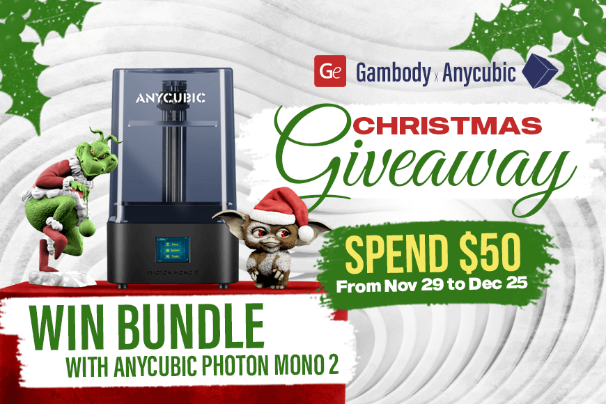 Christmas Giveaway: Spend $50 to win Anycubic 3D printer. Promo from Nov 29 to Dec 25. Festive characters included.