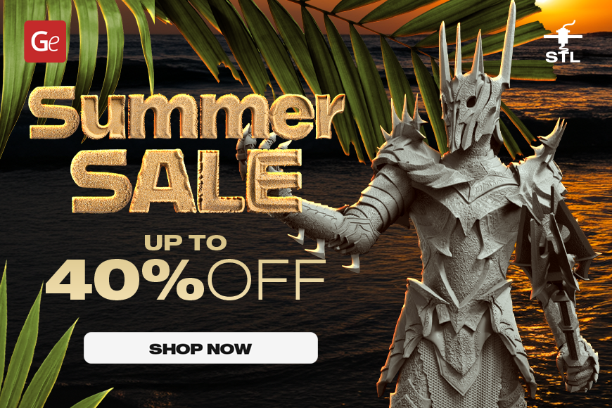 Summer Sale 2024: Up to 40% off 3D print models with a fantasy warrior figure background. Shop now!