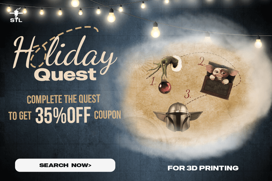Holiday Quest 2024 banner: Get 35% off 3D models by completing the quest. Features holiday lights and icons.