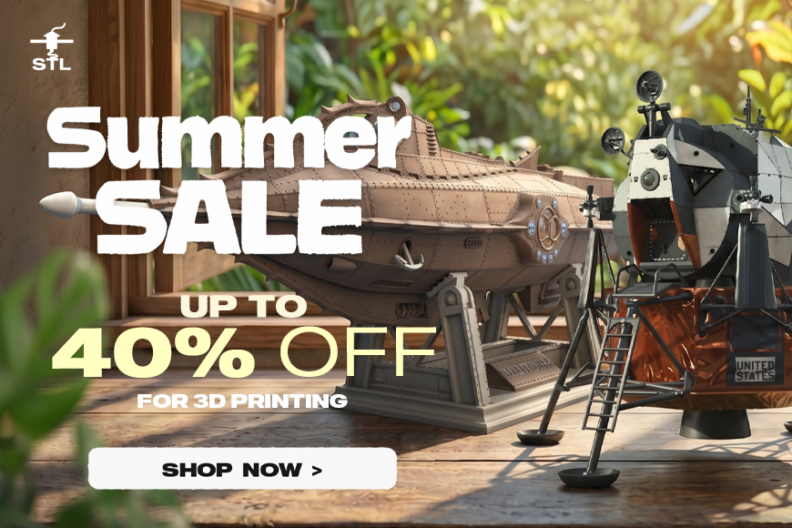 Summer Sale banner offering up to 40% off 3D models for printing, featuring submarine and spacecraft models.