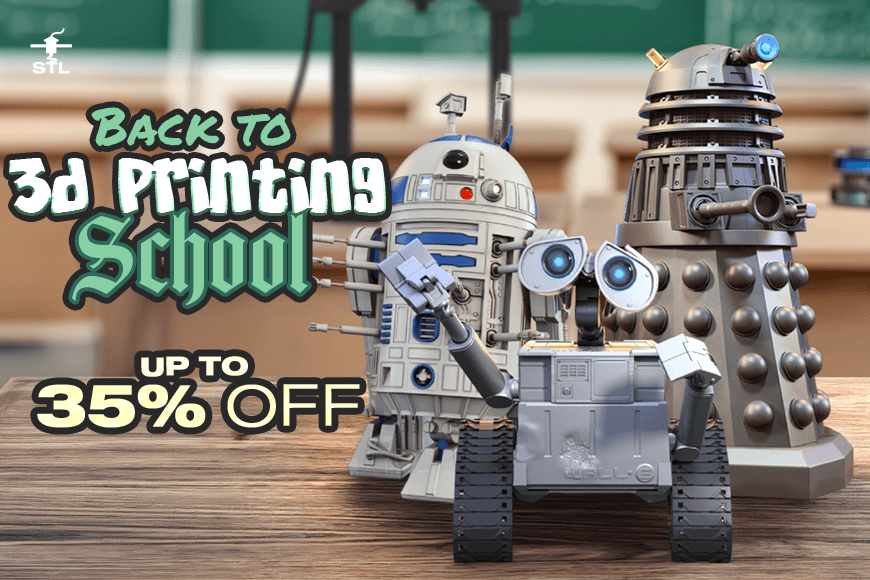 3D models of iconic robots with 'Back to 3D Printing School' text and up to 35% discount offer.