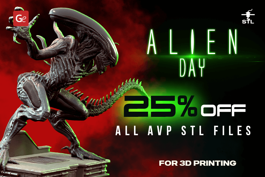 Alien Day 2024: 25% off AVP STL files for 3D printing. Extraterrestrial figure showcased.