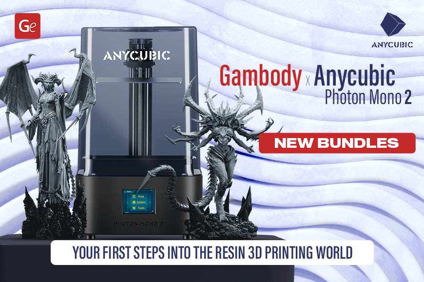Gambody & Anycubic promo, featuring Photon Mono 2 printer with intricate 3D model figures. New bundles offer.