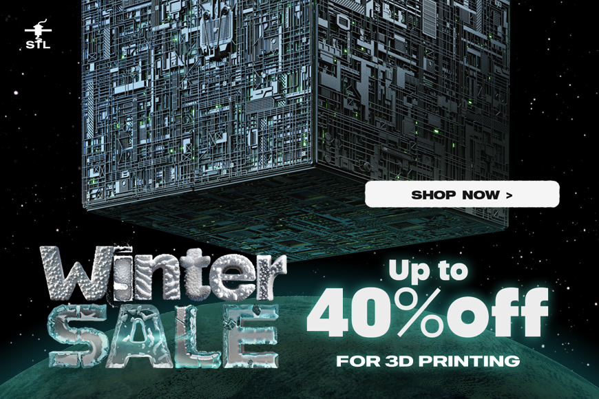 Winter Sale 2024: Up to 40% off on 3D models for printing. Futuristic cube design. Shop now!