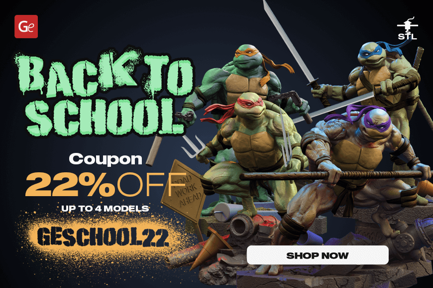 Ninja turtles promote a 'Back to School' sale: 22% off on 3D models. Use code GESCHOOL22. Shop now!