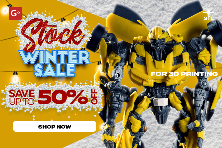 Stock Winter Sale 2024: Up to 50% off 3D printable models. Yellow robot figure featured.