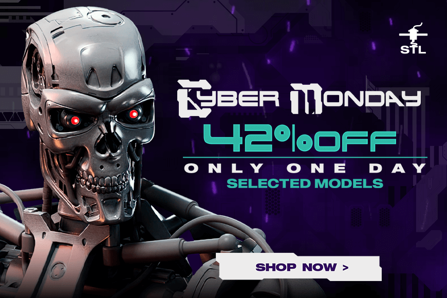 Cyber Monday sale: 42% off selected 3D models for one day. Shop now! Image features a robotic figure.