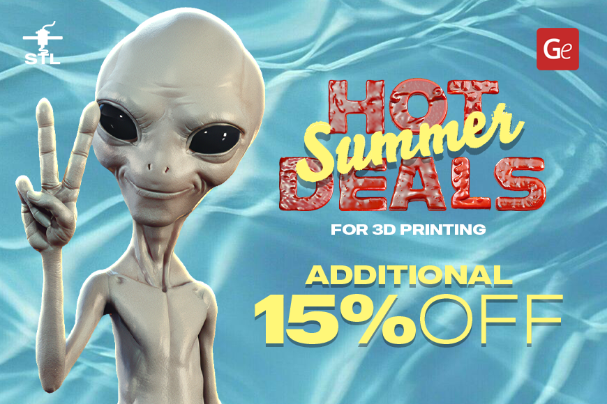 Alien mascot with peace sign, 'Hot Summer Deals,' 'Additional 15% Off' — 3D printing promotion.