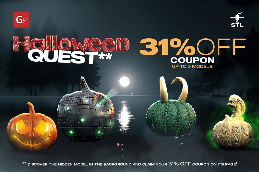 Halloween Quest 2024: 31% off on 3D models. Spooky pumpkins and moonlit lake background.
