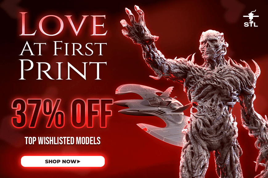Promo banner with 37% off for 3D printable models, featuring a detailed creature and spaceship.