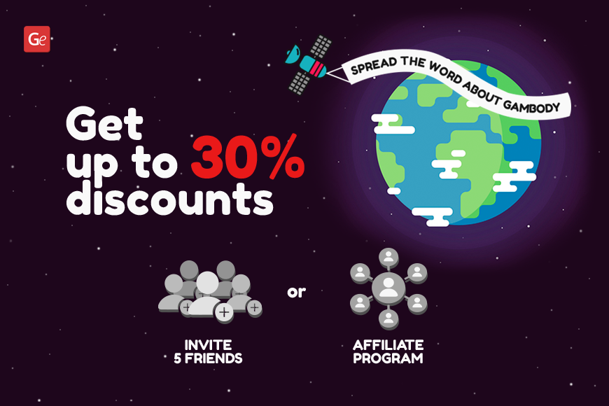 Promotional banner offering up to 30% discounts by inviting friends or joining the affiliate program.