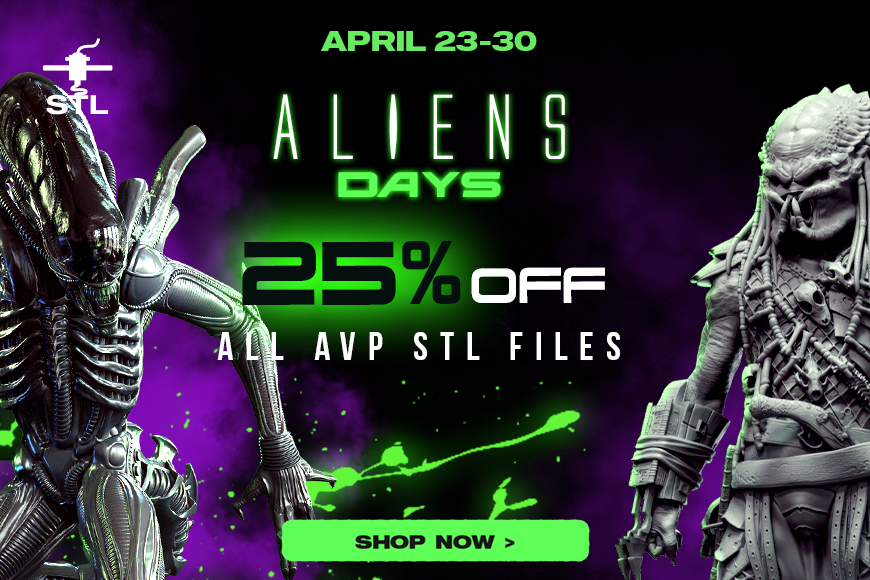 'Aliens Days 2025: 25% off AVP STL files for 3D printing. April 23-30. Green and purple sci-fi design.'