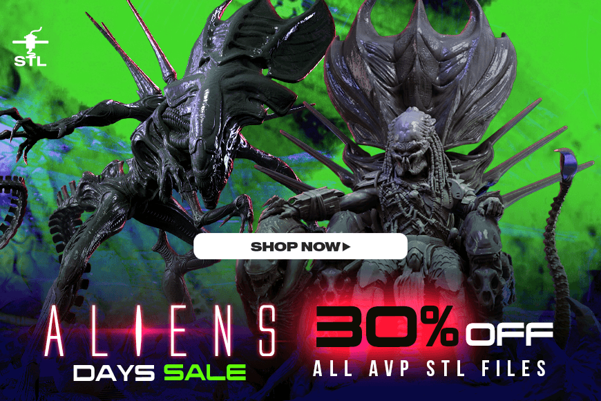 Alien creatures featured in 'Aliens Days 2026' sale banner, 30% off AVP STL files for 3D printing.