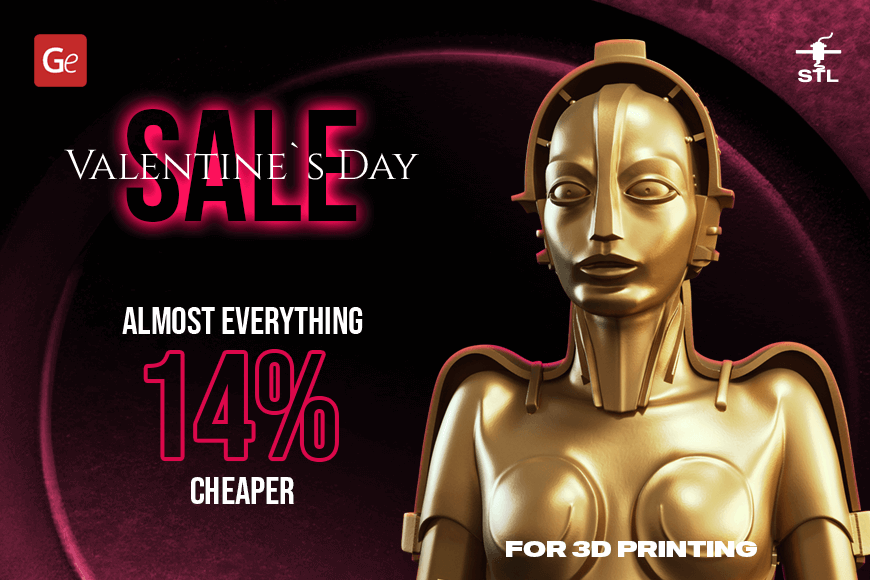 Valentine's Day Sale: 14% off 3D printing models. Bold text with a gold robot figure on a red background.