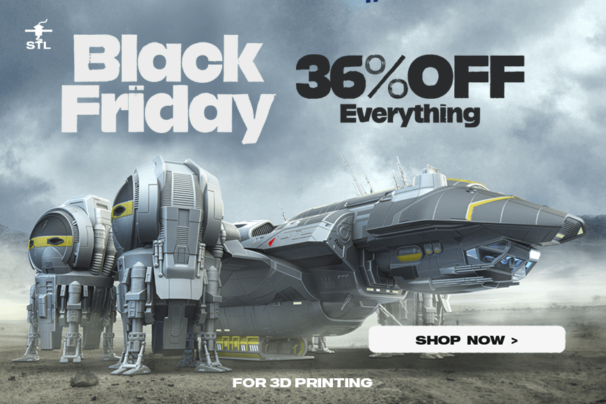 Futuristic ship model, Black Friday 2024 sale, 36% off on 3D prints, shop now for exclusive offers.