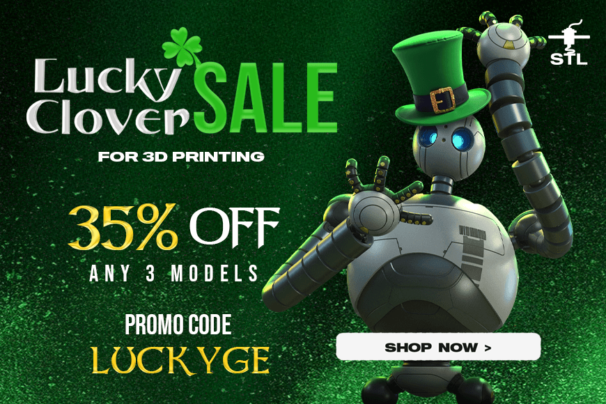 Festive robot with a green hat promotes a 'Lucky Clover Sale' for 35% off 3D models, using code 'LUCKYGE'.
