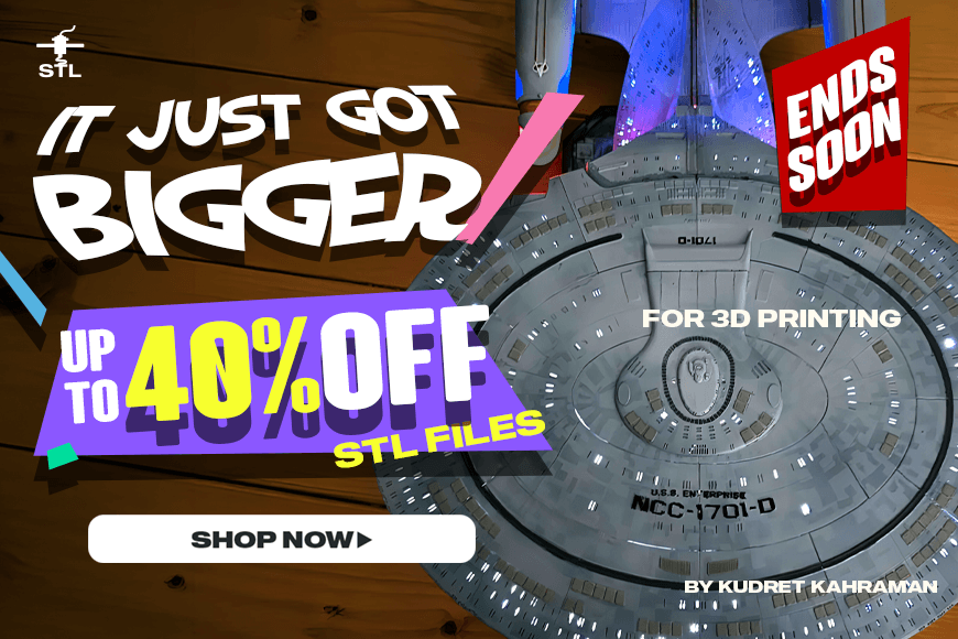 Flash Sale: Up to 40% off 3D printing STL files. Ends soon! Shop now for epic models.